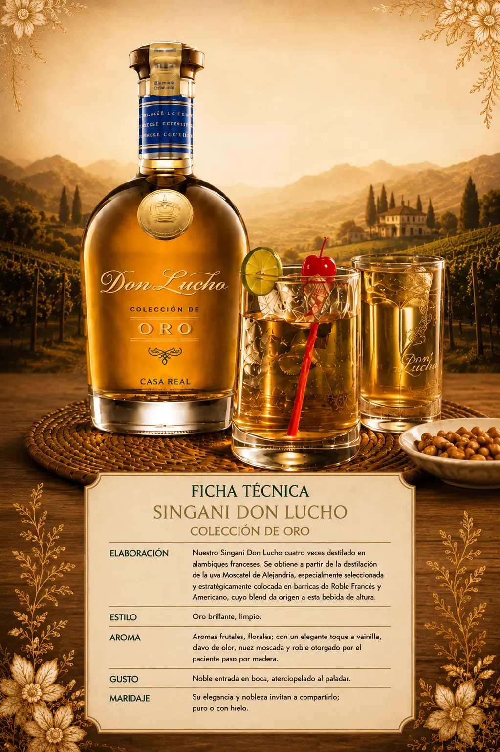 Botella de Singani Don Lucho Colección de Oro servida con hielo