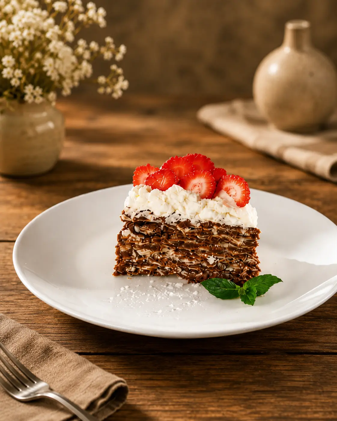 Porción de torta artesanal con crema y frutillas