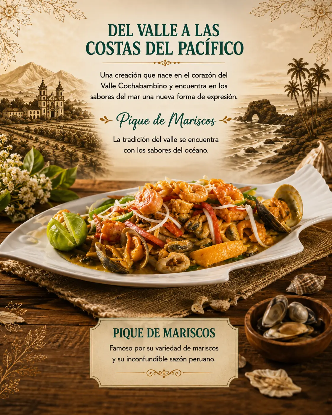 Pique de mariscos servido en fuente blanca