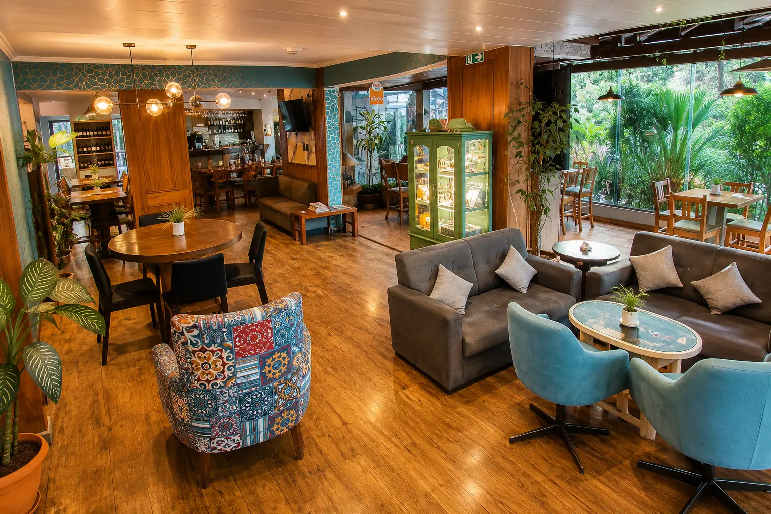 Salón principal de D·KFE con mobiliario de madera y vegetación