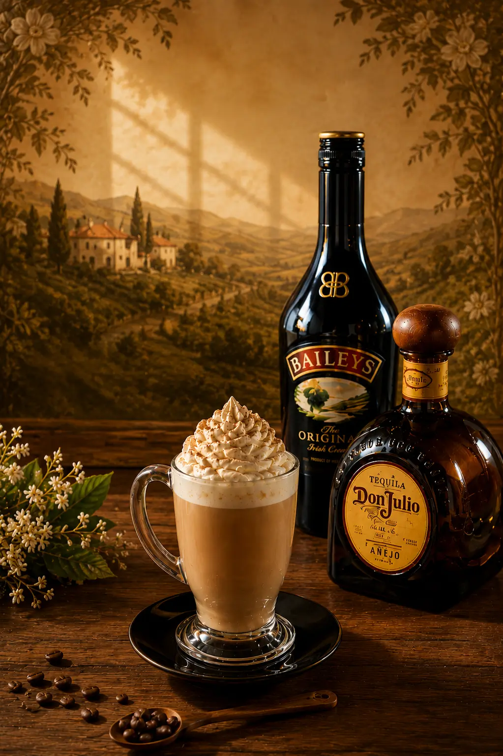 Café con licor coronado con crema, junto a botellas de licor